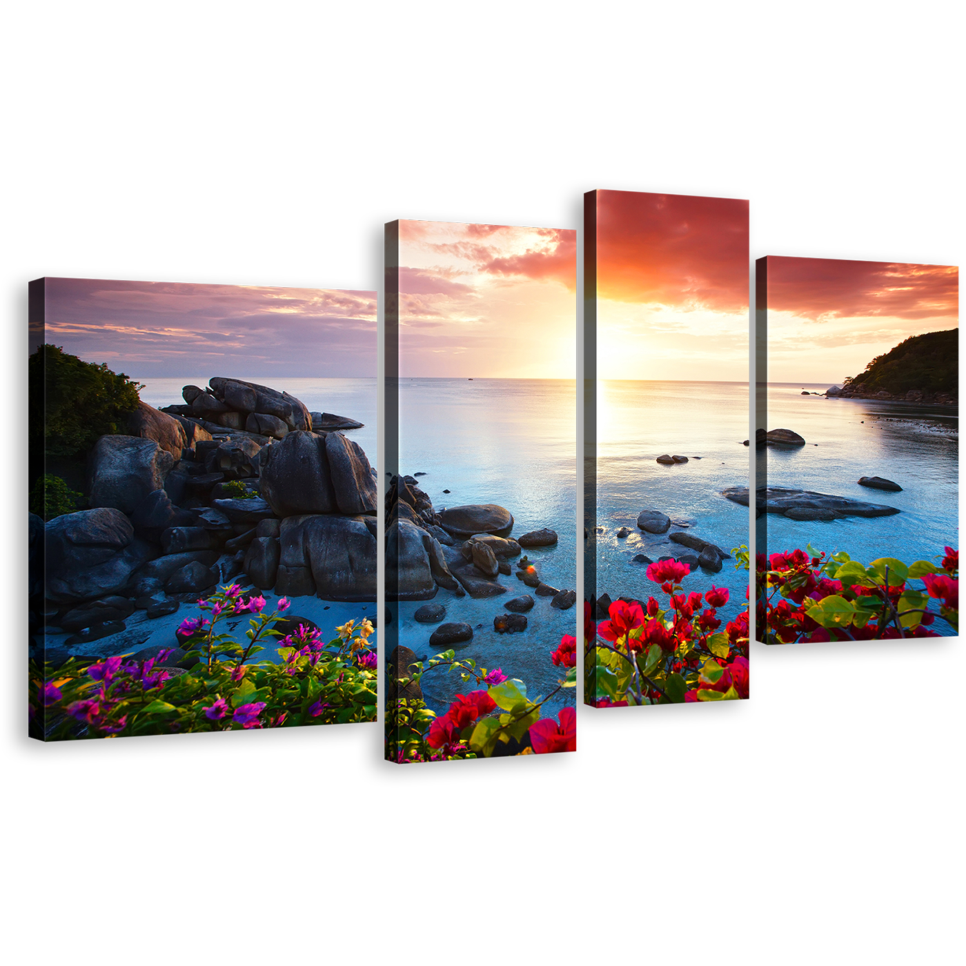 Thailand Mountains Canvas Print, Koh Samui Yellow Sunset SKy Canvas Set, Blue Tranquil Beach Flowers Ocean Mountains 4 Piece Wall Art