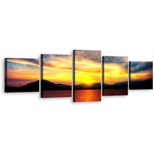 Thailand Mountains Canvas Print, Yellow Ocean Black Mountains 5 Piece Canvas Set, Orange Ocean at Sunset Canvas Wall Art