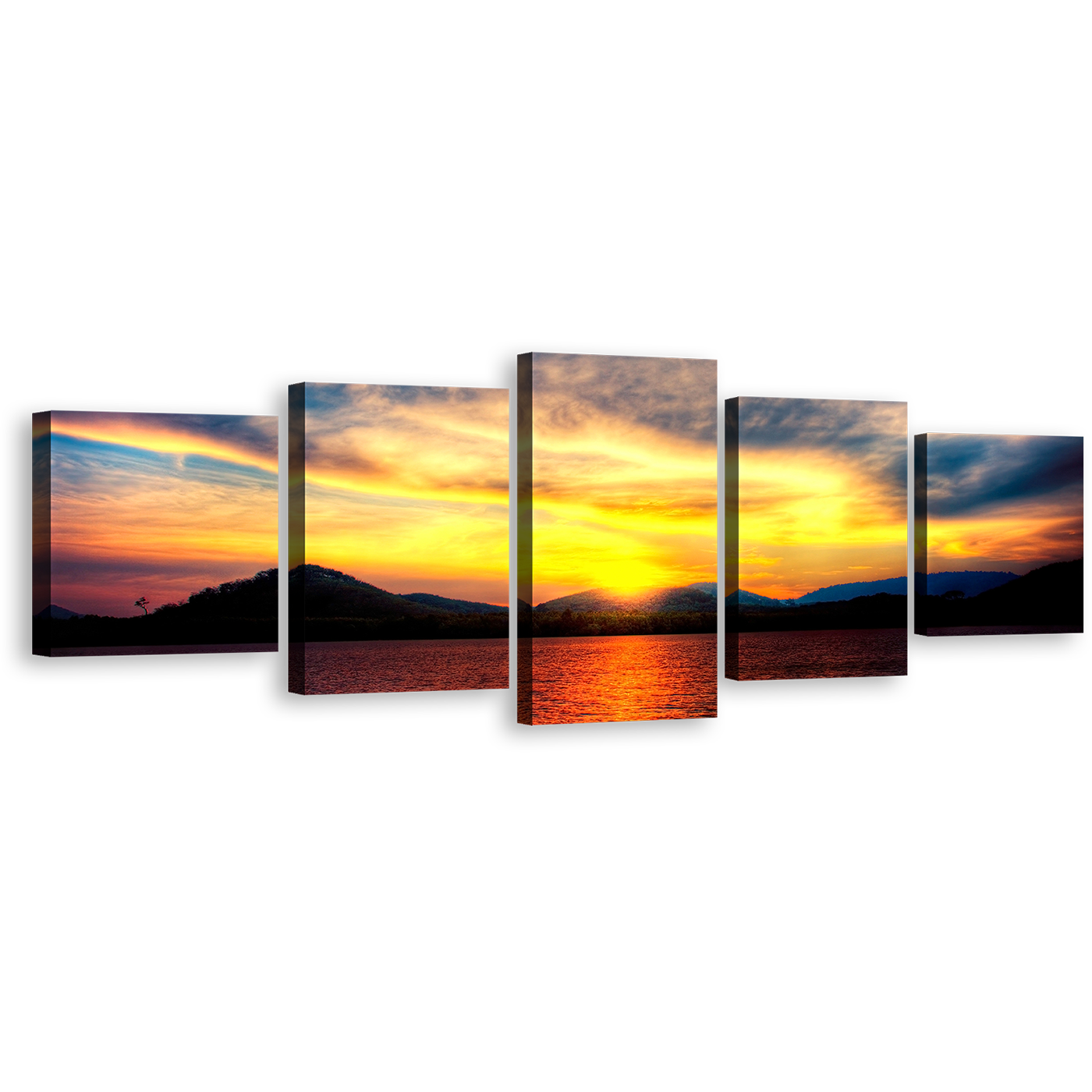 Thailand Mountains Canvas Print, Yellow Ocean Black Mountains 5 Piece Canvas Set, Orange Ocean at Sunset Canvas Wall Art