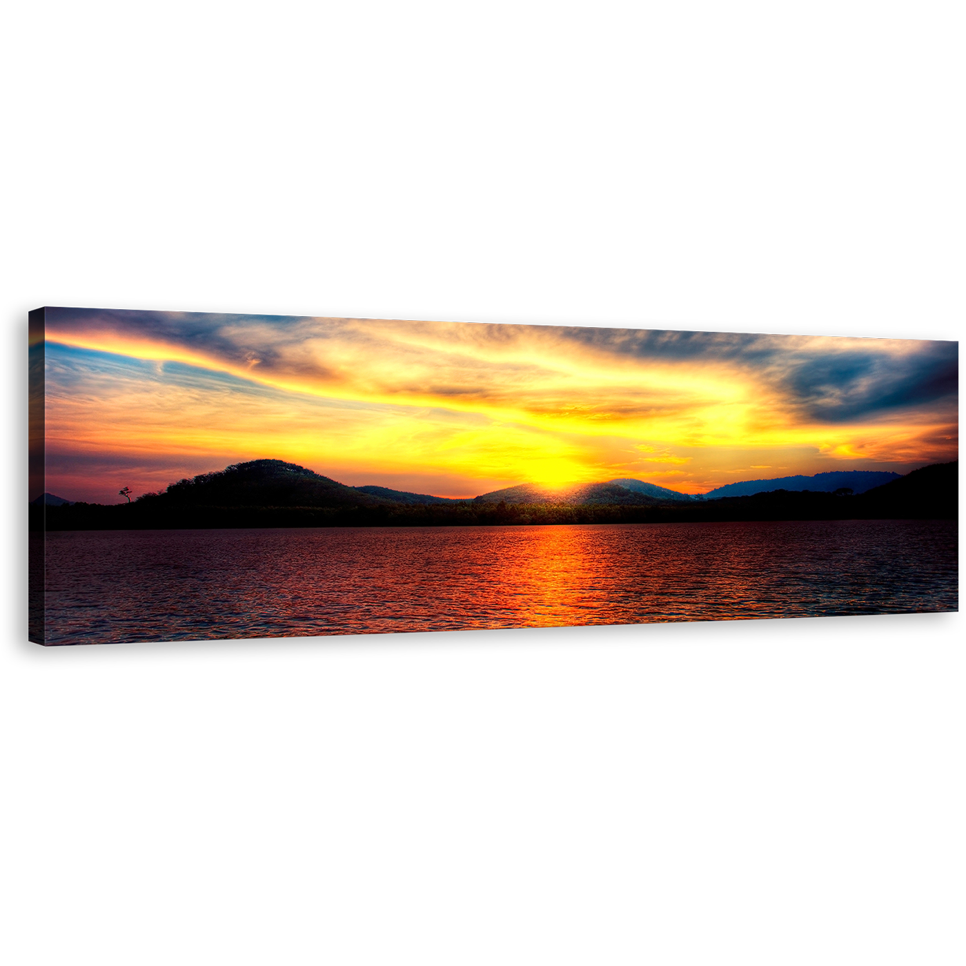 Thailand Mountains Canvas Wall Art, Yellow Thailand Sunset Canvas Print, Calm Orange Ocean Clouds Panorama Canvas