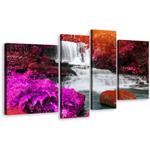 Thailand Nature Canvas Wall Art, Colorful Forest Waterfall 4 Piece Canvas, Mun Dang Waterfall Scenery Multiple Canvas