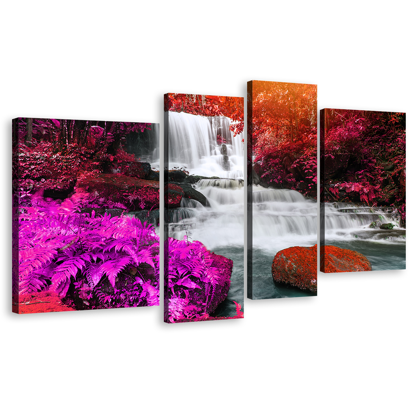 Thailand Nature Canvas Wall Art, Colorful Forest Waterfall 4 Piece Canvas, Mun Dang Waterfall Scenery Multiple Canvas