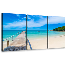 Load image into Gallery viewer, Thailand Ocean Canvas Print, Beautiful Green Mountain 3 Piece Wall Art, Blue Ocean Brown Beach Sand Canvas Set
