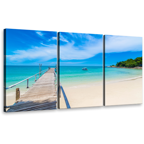 Thailand Ocean Canvas Print, Beautiful Green Mountain 3 Piece Wall Art, Blue Ocean Brown Beach Sand Canvas Set