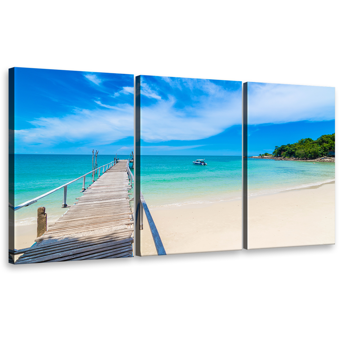 Thailand Ocean Canvas Print, Beautiful Green Mountain 3 Piece Wall Art, Blue Ocean Brown Beach Sand Canvas Set