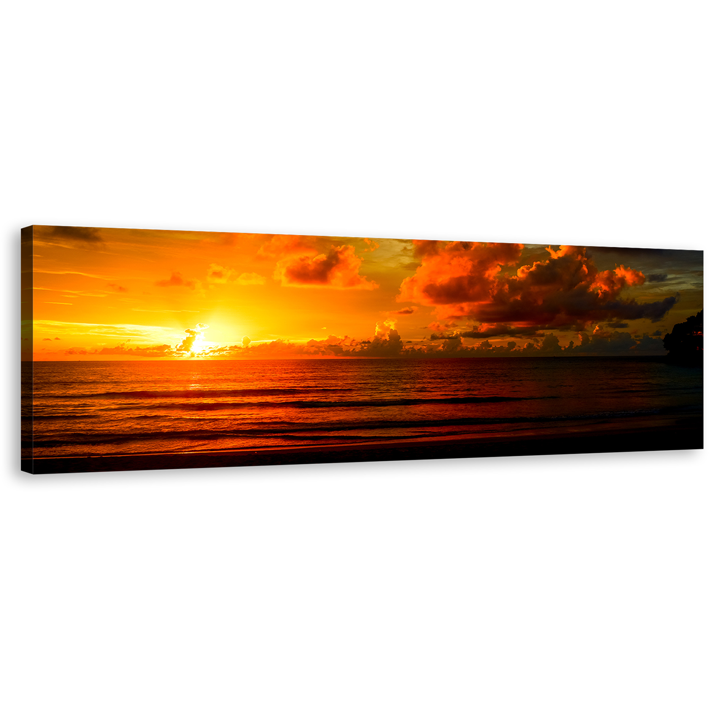 Thailand Ocean Canvas Print, Dramatic Cloudy Yellow Sunset Ocean Panoramic Canvas Wall Art, Orange Ocean Wide Canvas