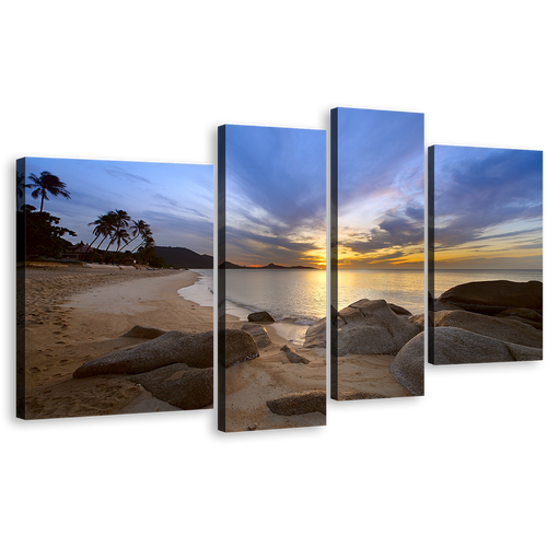 Thailand Ocean Canvas Wall Art, Koh Samui Island Yellow Sunset 4 Piece Canvas Print, Brown Lamai Beach Ocean Multiple Canvas