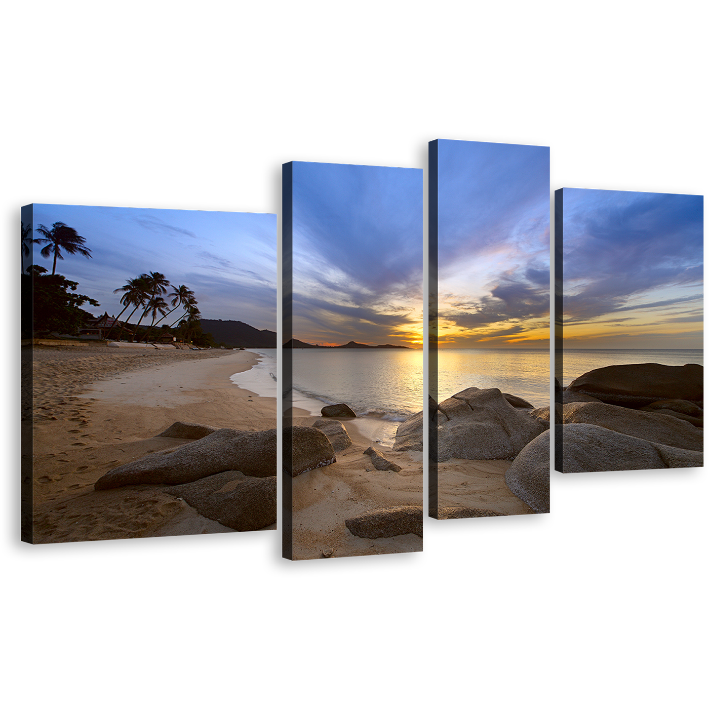 Thailand Ocean Canvas Wall Art, Koh Samui Island Yellow Sunset 4 Piece Canvas Print, Brown Lamai Beach Ocean Multiple Canvas