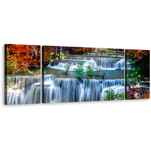 Thailand Scenery Canvas Wall Art, Amazing Waterfall 3 Piece Canvas, Huay Mae Khamin Waterfall Canvas Set, Colorful Autumn Forest Canvas Print