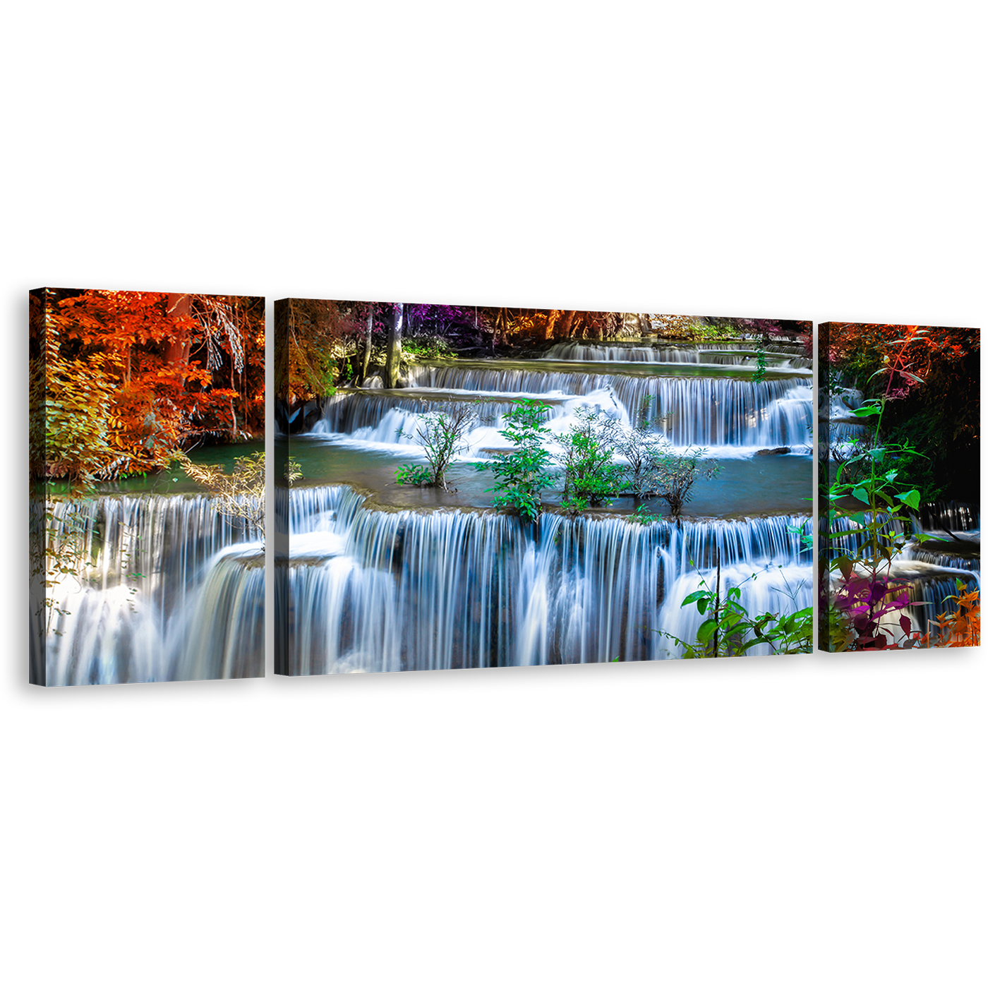 Thailand Scenery Canvas Wall Art, Amazing Waterfall 3 Piece Canvas, Huay Mae Khamin Waterfall Canvas Set, Colorful Autumn Forest Canvas Print