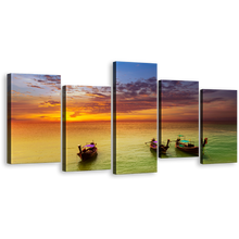 Load image into Gallery viewer, Thailand Sea Canvas Print, Beautiful Green Seascape Boats Wall Art, Amazing Orange Sunset Sailboats 5 Piece Multiple Canvas
