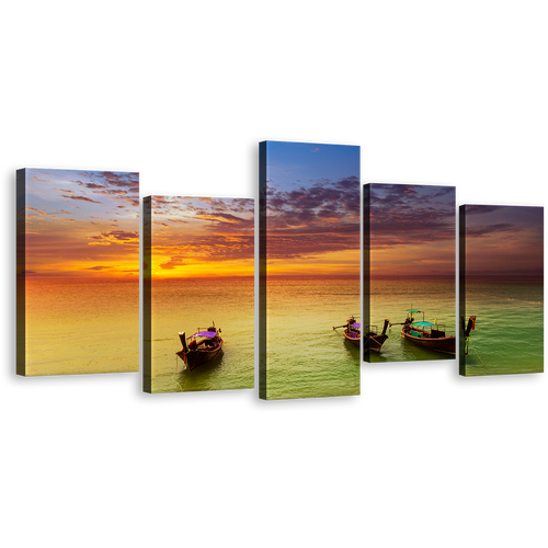 Thailand Sea Canvas Print, Beautiful Green Seascape Boats Wall Art, Amazing Orange Sunset Sailboats 5 Piece Multiple Canvas