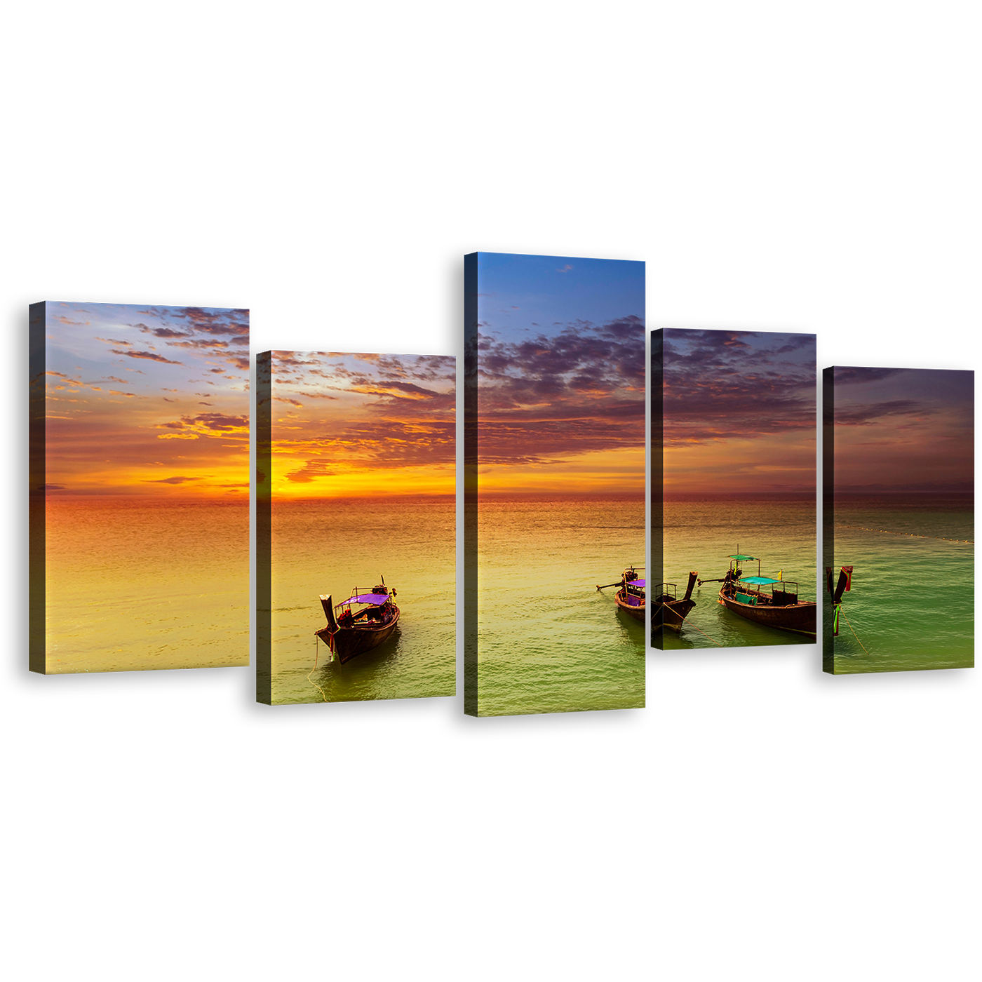 Thailand Sea Canvas Print, Beautiful Green Seascape Boats Wall Art, Amazing Orange Sunset Sailboats 5 Piece Multiple Canvas