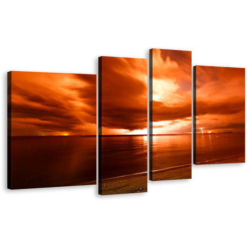 Thailand Sea Canvas Wall Art Dramatic Orange Cloudy Seascape 4 Piece Canvas Set, Yellow Sky Thunderstorm Ocean Canvas Print