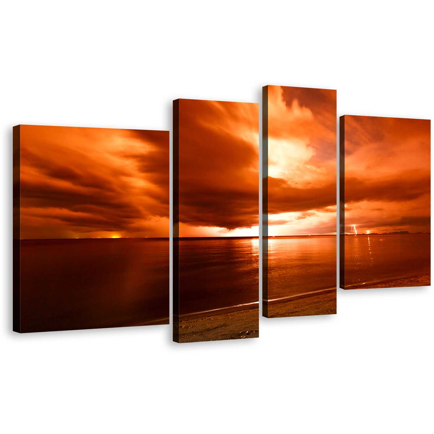 Thailand Sea Canvas Wall Art Dramatic Orange Cloudy Seascape 4 Piece Canvas Set, Yellow Sky Thunderstorm Ocean Canvas Print