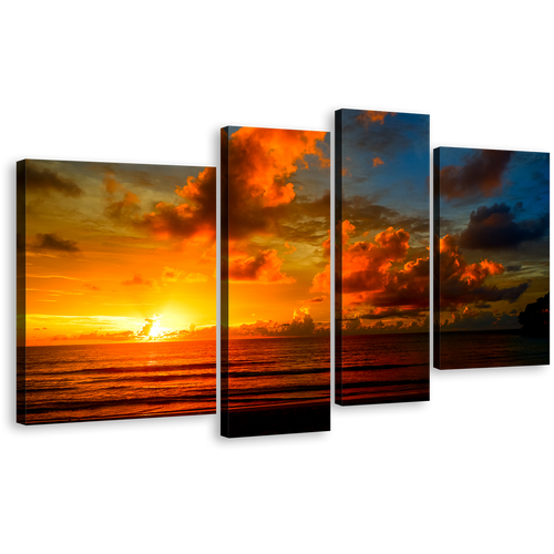 Thailand Sea Canvas Wall Art, Yellow Clouds Ocean 4 Piece Canvas Set, Beautiful Orange Ocean Sky Canvas Print