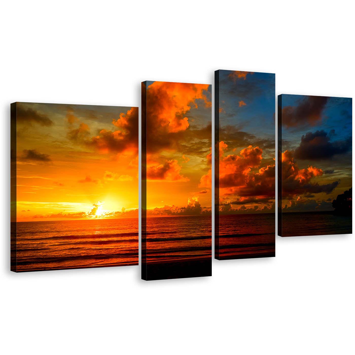 Thailand Sea Canvas Wall Art, Yellow Clouds Ocean 4 Piece Canvas Set, Beautiful Orange Ocean Sky Canvas Print