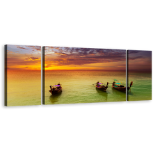 Load image into Gallery viewer, Thailand Seascape Canvas Print, Beautiful Green Sea Boats Triptych Wall Art, Orange Sunset Sailboats 3 Piece Multiple Canvas
