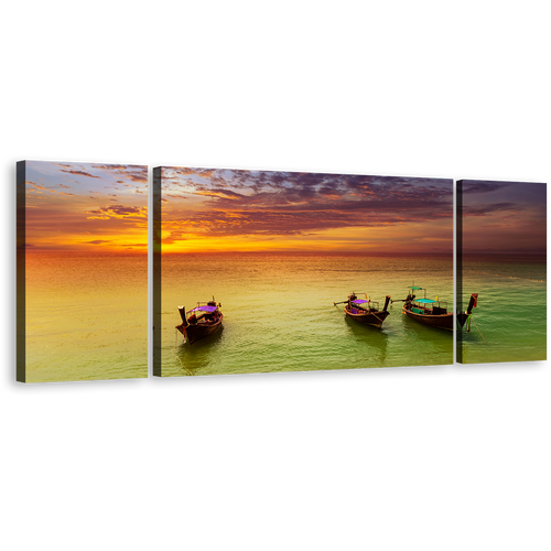 Thailand Seascape Canvas Print, Beautiful Green Sea Boats Triptych Wall Art, Orange Sunset Sailboats 3 Piece Multiple Canvas