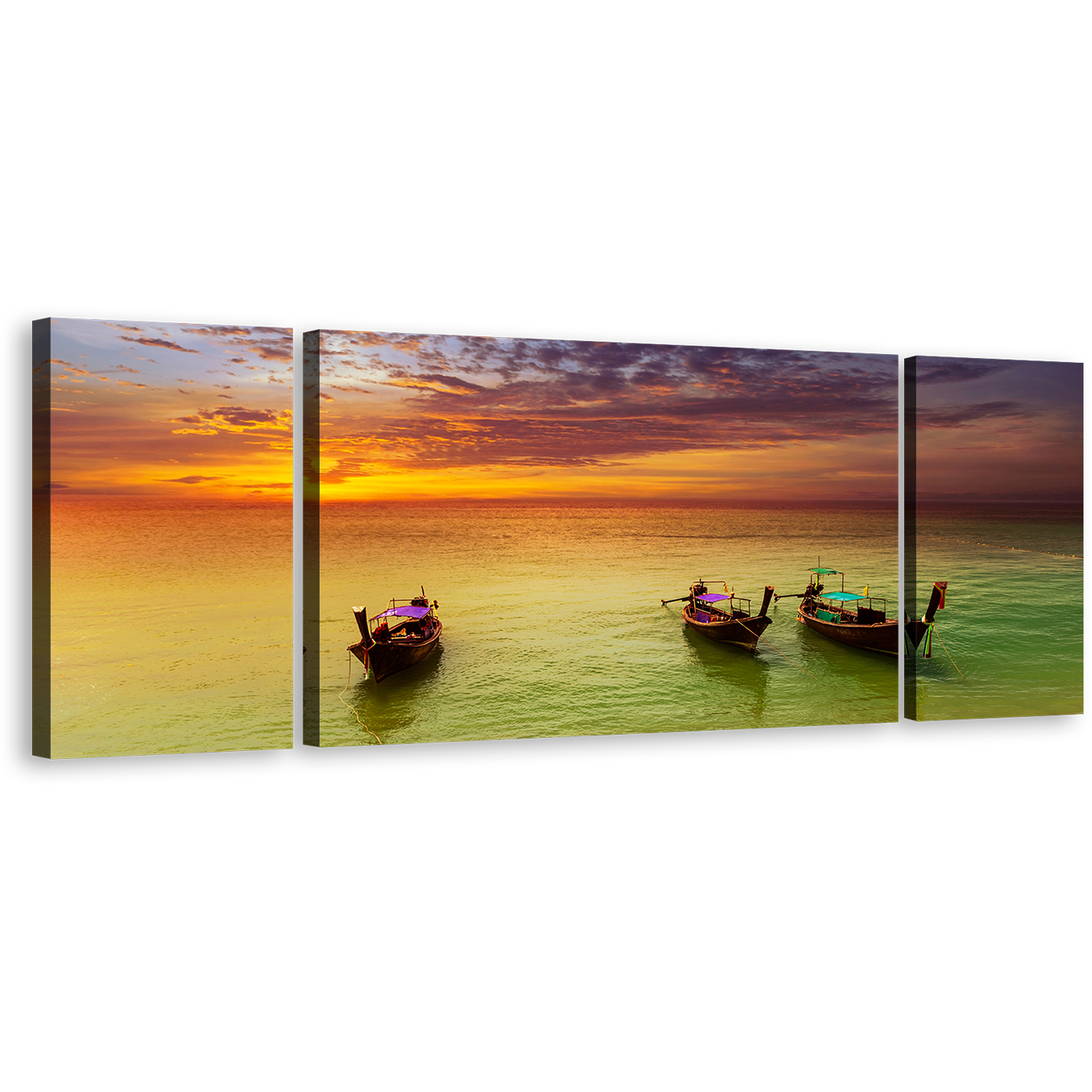 Thailand Seascape Canvas Print, Beautiful Green Sea Boats Triptych Wall Art, Orange Sunset Sailboats 3 Piece Multiple Canvas