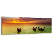 Load image into Gallery viewer, Thailand Serenity Wall Art, Amazing Sailboats Orange Sunset Sky Canvas Print, Green Sea Boats Tropical Night Beach Panoramic Canvas
