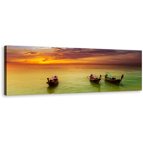 Thailand Serenity Wall Art, Amazing Sailboats Orange Sunset Sky Canvas Print, Green Sea Boats Tropical Night Beach Panoramic Canvas