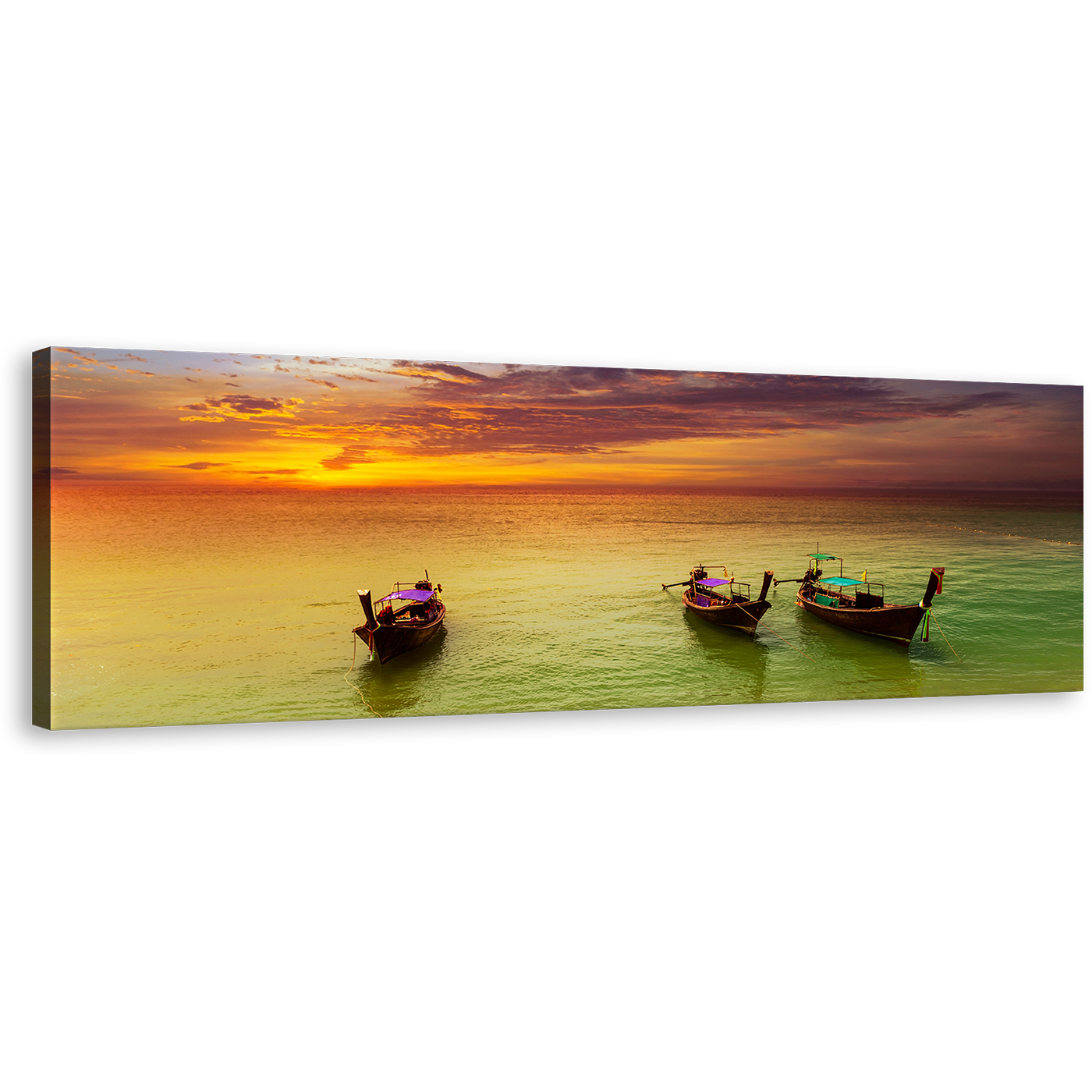 Thailand Serenity Wall Art, Amazing Sailboats Orange Sunset Sky Canvas Print, Green Sea Boats Tropical Night Beach Panoramic Canvas