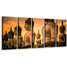 Load image into Gallery viewer, Thailand Statue Canvas Wall Art, Nakhon Si Thammarat Buddha 5 Piece Canvas, Yellow Sky Brown Buddha Multiple Canvas
