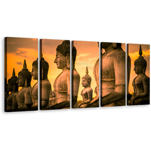 Thailand Statue Canvas Wall Art, Nakhon Si Thammarat Buddha 5 Piece Canvas, Yellow Sky Brown Buddha Multiple Canvas