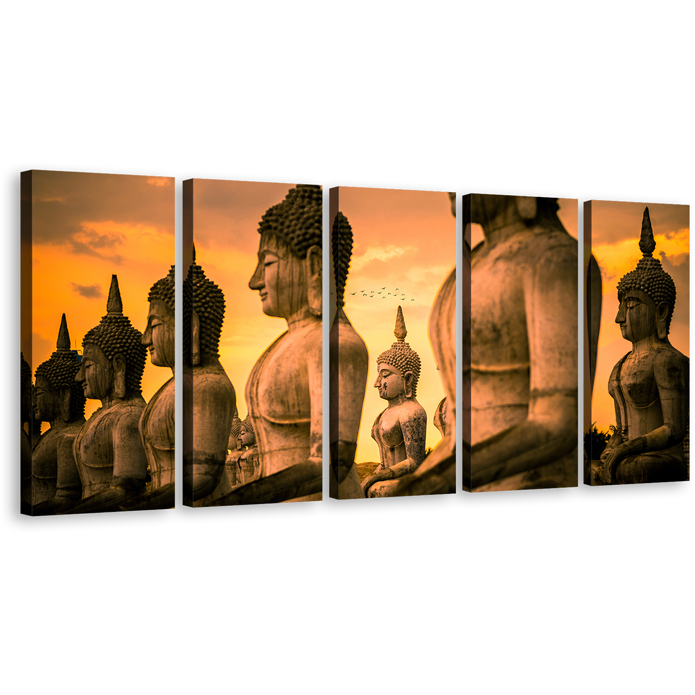 Thailand Statue Canvas Wall Art, Nakhon Si Thammarat Buddha 5 Piece Canvas, Yellow Sky Brown Buddha Multiple Canvas