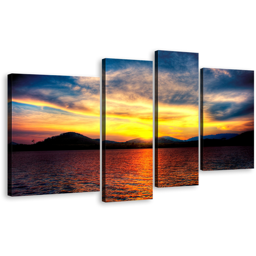 Thailand Sunset Canvas Wall Art, Calm Orange Thailand Ocean Multiple Canvas, Yellow Ocean Mountain Sky 4 Piece Canvas Print