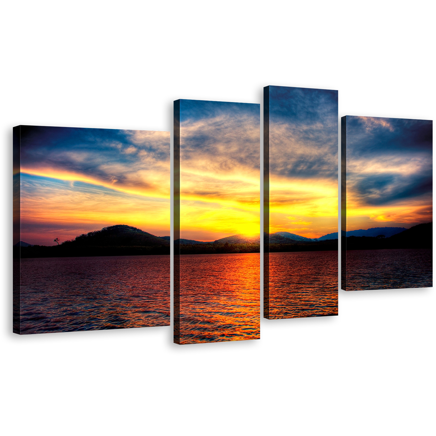 Thailand Sunset Canvas Wall Art, Calm Orange Thailand Ocean Multiple Canvas, Yellow Ocean Mountain Sky 4 Piece Canvas Print