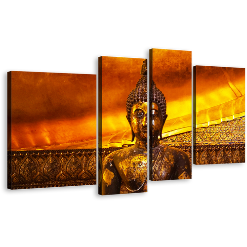 Thailand Temple Canvas Wall Art, Wat Pho Buddhist Temple Canvas Set, Brown Gold Buddha Statue 4 Piece Canvas Print