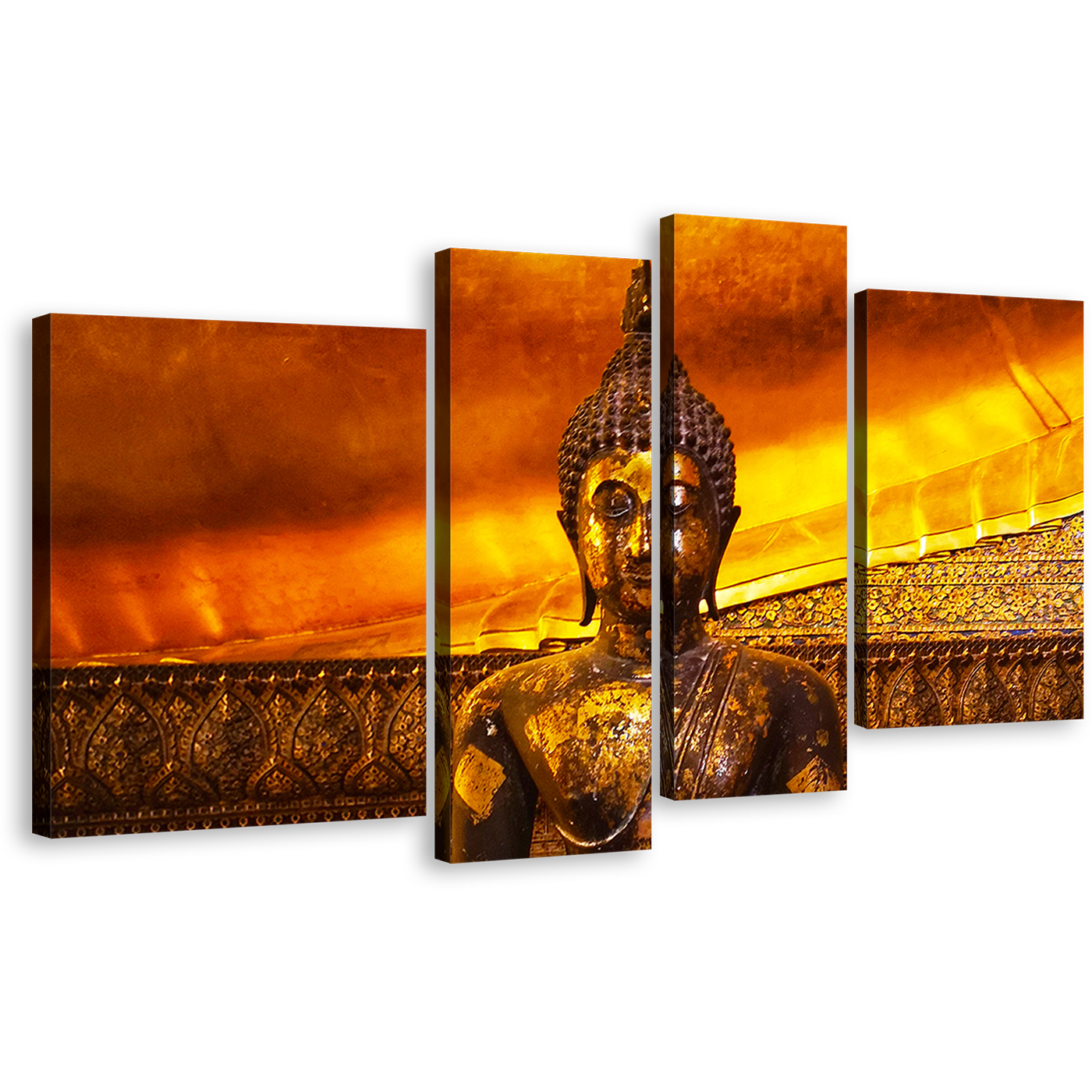 Thailand Temple Canvas Wall Art, Wat Pho Buddhist Temple Canvas Set, Brown Gold Buddha Statue 4 Piece Canvas Print