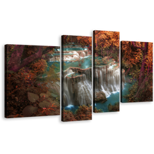 Load image into Gallery viewer, Thailand Waterfall Canvas Print, Beautiful Colorful Waterfall Scenery 4 Piece Canvas Wall Art, Huay Mae Khamin Waterfall Multi Canvas Artwork
