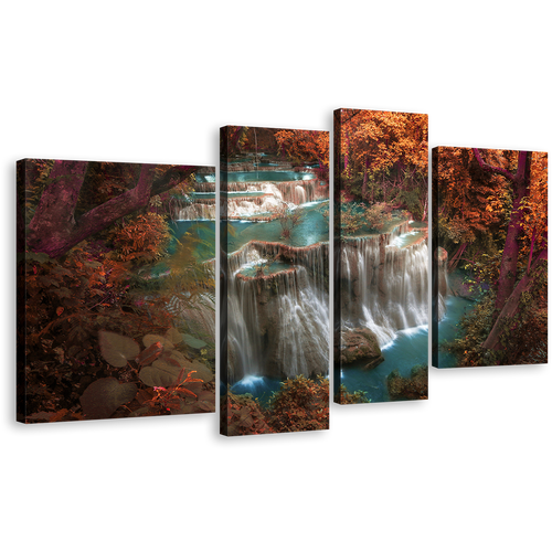 Thailand Waterfall Canvas Print, Beautiful Colorful Waterfall Scenery 4 Piece Canvas Wall Art, Huay Mae Khamin Waterfall Multi Canvas Artwork