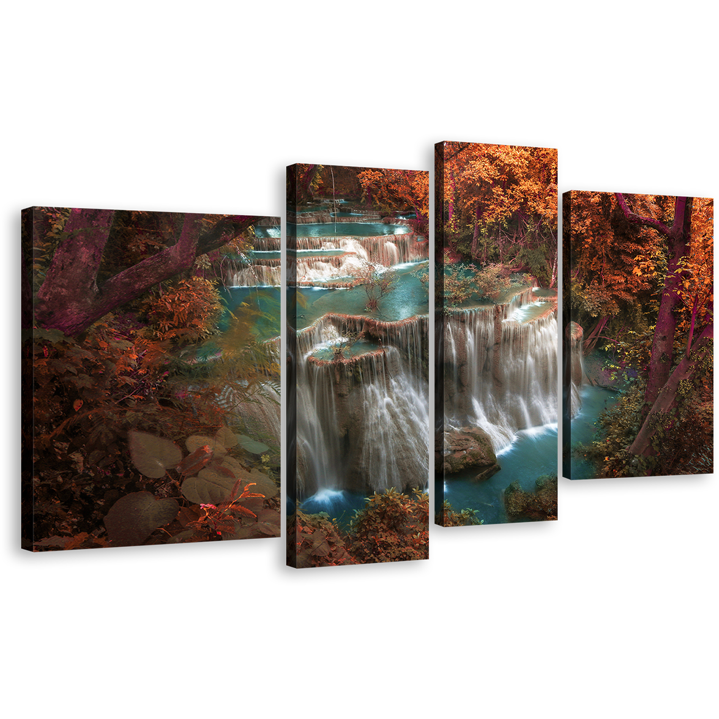 Thailand Waterfall Canvas Print, Beautiful Colorful Waterfall Scenery 4 Piece Canvas Wall Art, Huay Mae Khamin Waterfall Multi Canvas Artwork