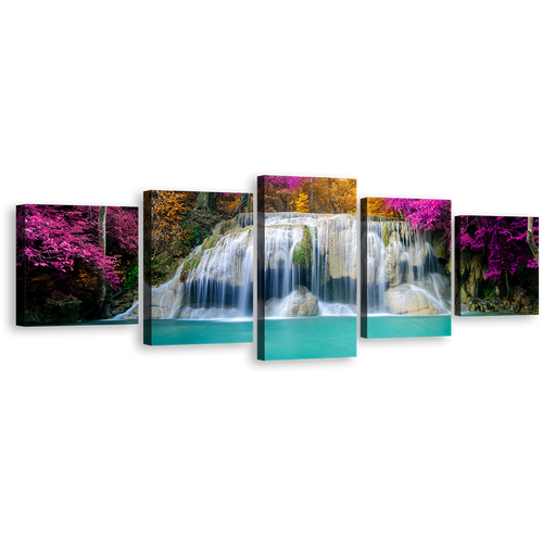 Thailand Waterfall Canvas Print, Beautiful Erawan Falls National Park Canvas Set, Colorful Autumn Forest Waterfall 5 Piece Canvas Wall Art