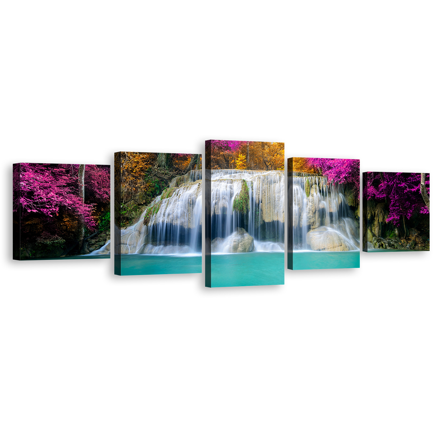 Thailand Waterfall Canvas Print, Beautiful Erawan Falls National Park Canvas Set, Colorful Autumn Forest Waterfall 5 Piece Canvas Wall Art