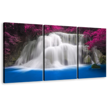 Load image into Gallery viewer, Thailand Waterfall Canvas Print, Blue Water Purple Trees 3 Piece Canvas Set, Huay Mae Khamin White Waterfall Wall Art
