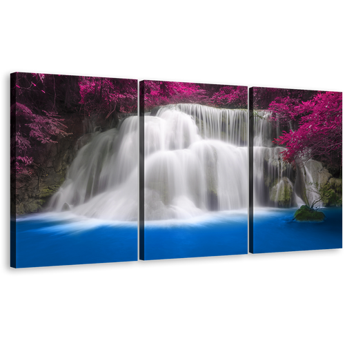 Thailand Waterfall Canvas Print, Blue Water Purple Trees 3 Piece Canvas Set, Huay Mae Khamin White Waterfall Wall Art