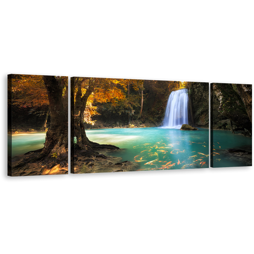 Thailand Waterfall Canvas Print, Blue Waterfall Paradise Canvas Set, Orange Trees Forest Multi Canvas, Kanchanaburi Waterfall 3 Piece Canvas Wall Art