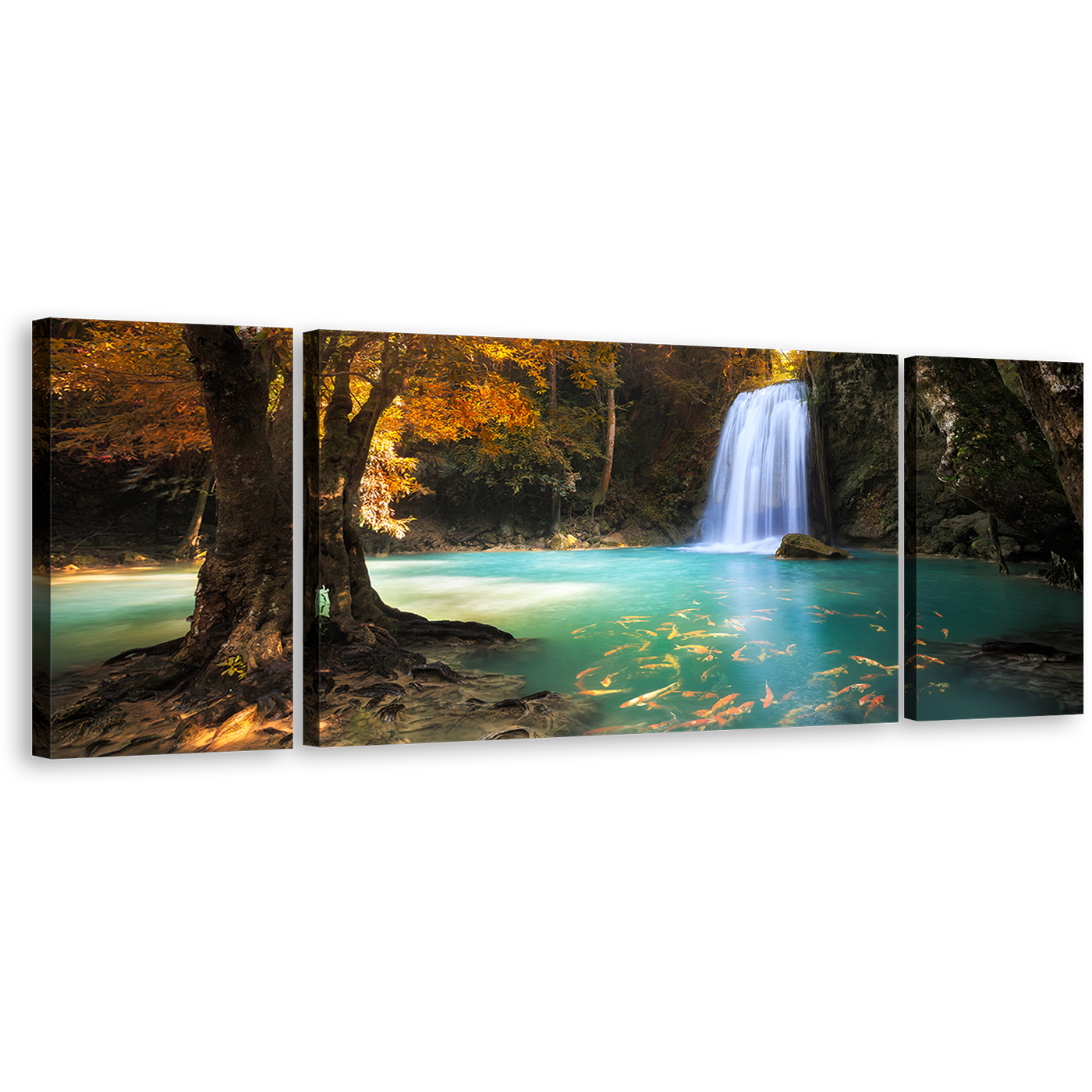 Thailand Waterfall Canvas Print, Blue Waterfall Paradise Canvas Set, Orange Trees Forest Multi Canvas, Kanchanaburi Waterfall 3 Piece Canvas Wall Art