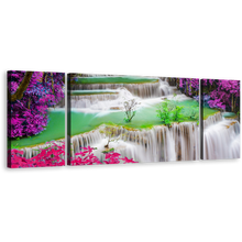 Load image into Gallery viewer, Thailand Waterfall Canvas Print, Colorful Waterfall Scenery 3 Piece Canvas Wall Art, Deep Rainforest Waterfall Multi Canvas Artwork
