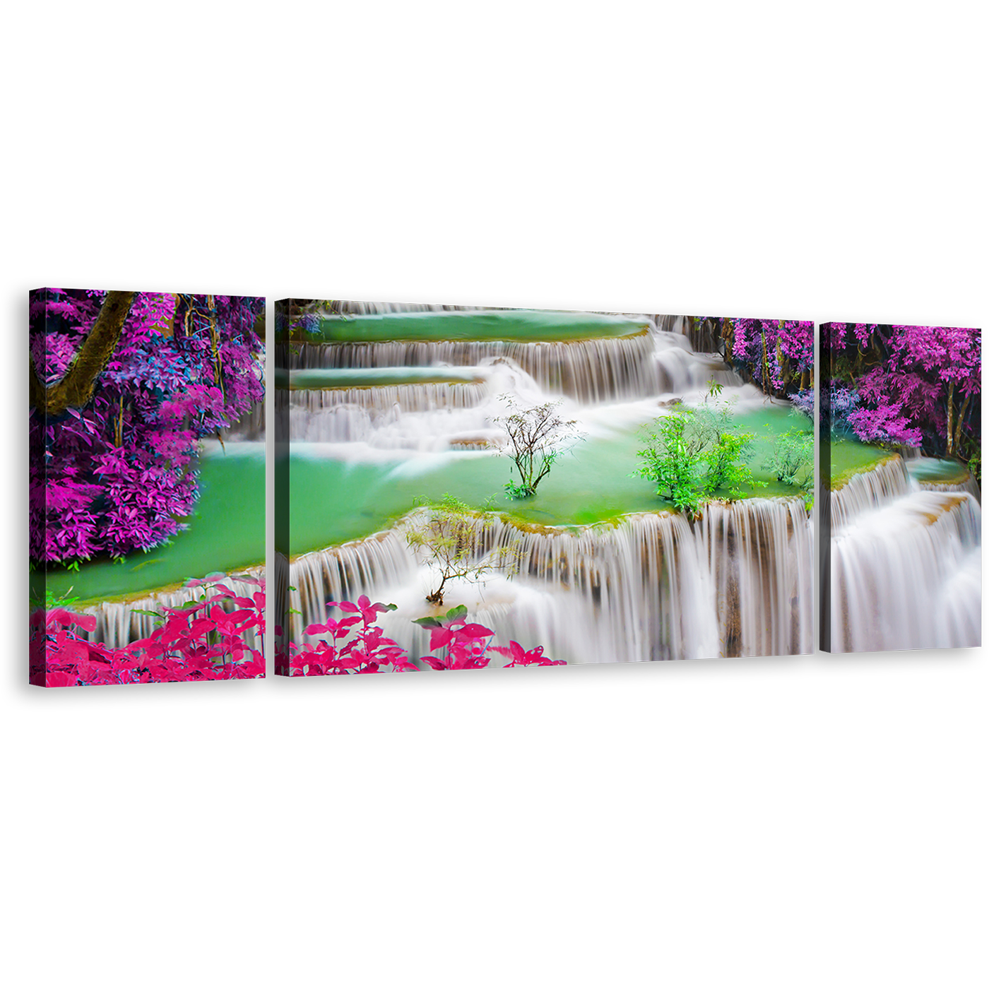 Thailand Waterfall Canvas Print, Colorful Waterfall Scenery 3 Piece Canvas Wall Art, Deep Rainforest Waterfall Multi Canvas Artwork