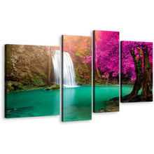 Load image into Gallery viewer, Thailand Waterfall Canvas Print, Green River Forest Waterfall 4 Piece Canvas Wall Art, Jungle Purple Autumn Trees Waterfall Multiple Canvas
