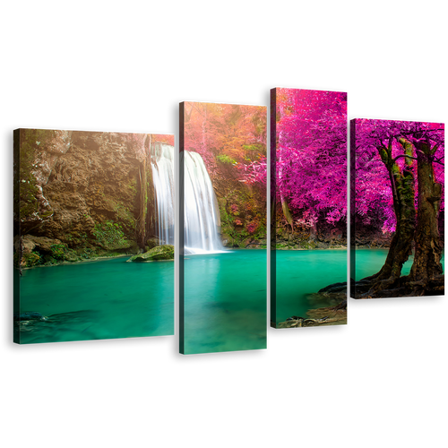 Thailand Waterfall Canvas Print, Green River Forest Waterfall 4 Piece Canvas Wall Art, Jungle Purple Autumn Trees Waterfall Multiple Canvas