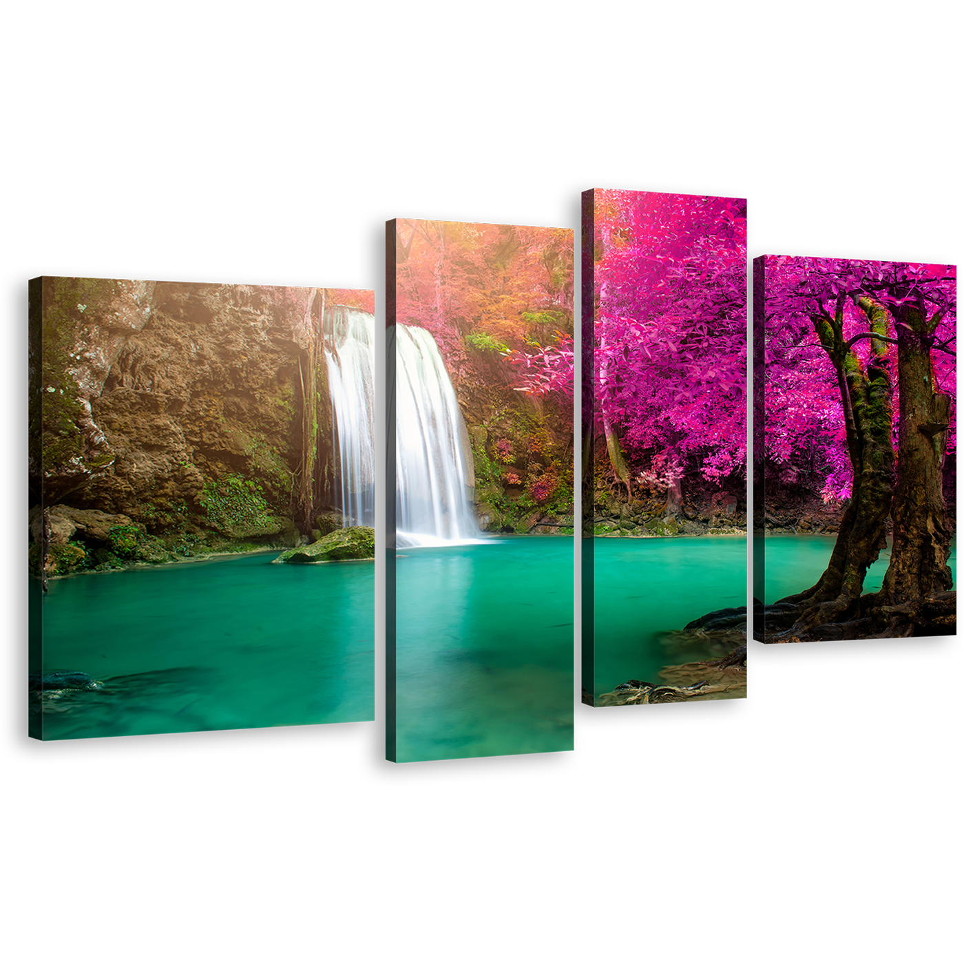 Thailand Waterfall Canvas Print, Green River Forest Waterfall 4 Piece Canvas Wall Art, Jungle Purple Autumn Trees Waterfall Multiple Canvas