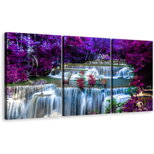 Load image into Gallery viewer, Thailand Waterfall Canvas Print, Purple Autumn Forest Waterfall Multiple Canvas, Blue Huay Mae Kamin Waterfall 3 Piece Canvas Wall Art
