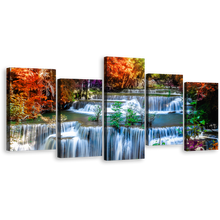 Load image into Gallery viewer, Thailand Waterfall Canvas Wall Art, Colorful Autumn Forest Waterfall Canvas, Huay Mae Kamin Waterfall 5 Piece Canvas Print
